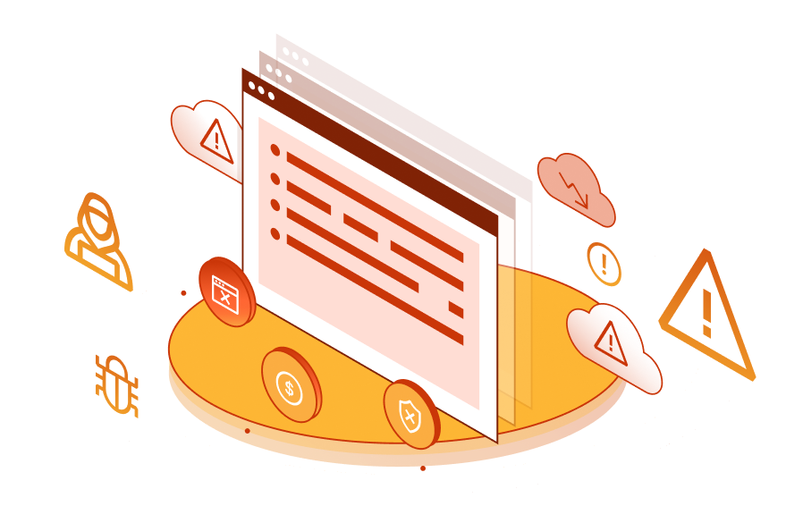 Illustration showing computer bugs and viruses, hackers, and warning signs