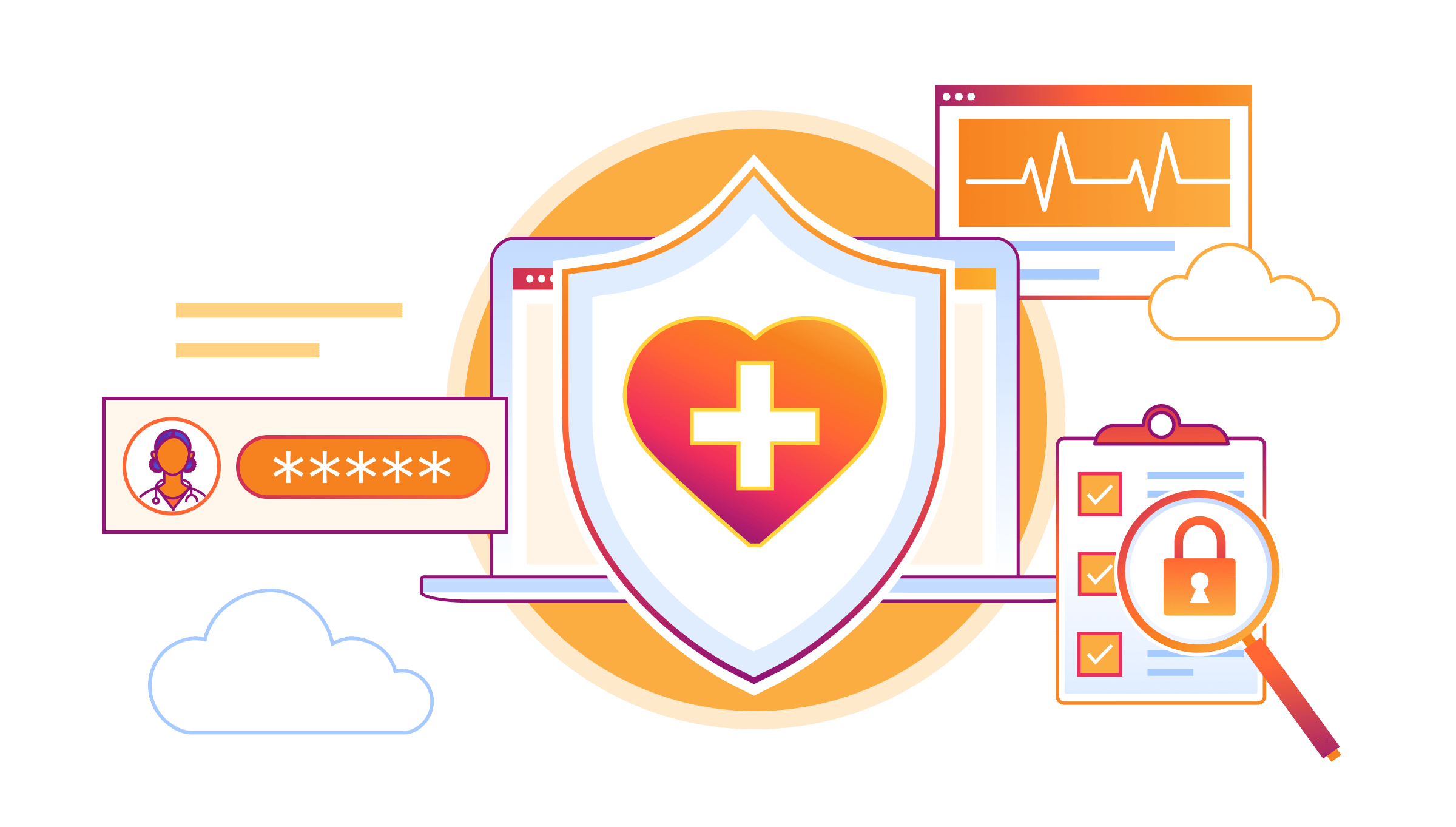 Ilustración de atención médica que muestra un corazón en un escudo frente a una laptop, junto con expedientes médicos e información segura del paciente 