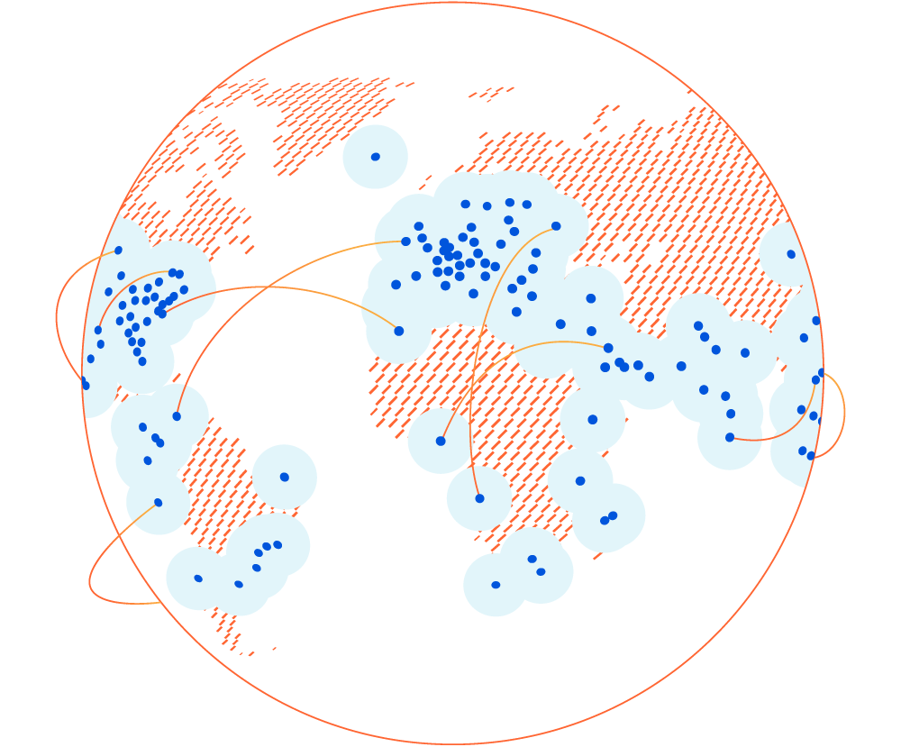 Illustration of the earth, with blue dots representing cities around the globe, connected orange lines representing Cloudflare's network 